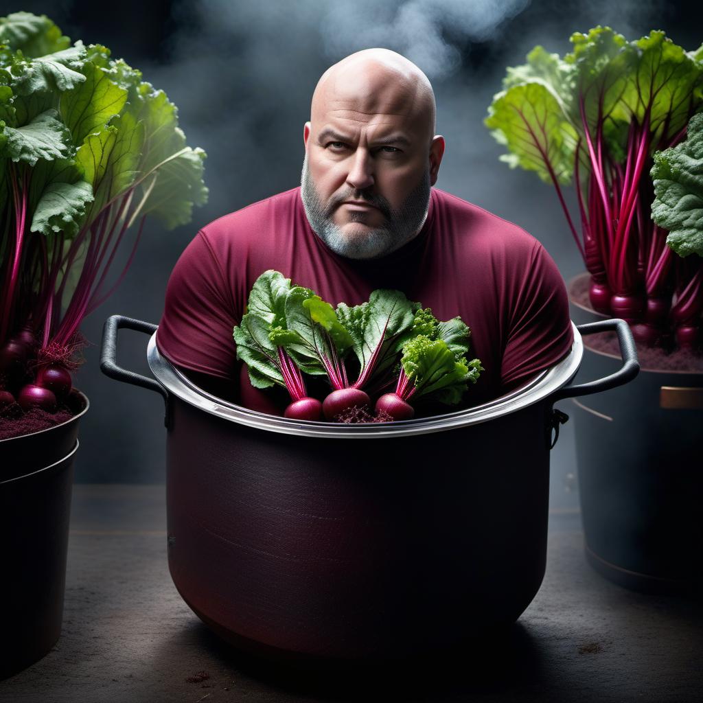  "Beetroot in the pot of a fat, bald guy" hyperrealistic, full body, detailed clothing, highly detailed, cinematic lighting, stunningly beautiful, intricate, sharp focus, f/1. 8, 85mm, (centered image composition), (professionally color graded), ((bright soft diffused light)), volumetric fog, trending on instagram, trending on tumblr, HDR 4K, 8K