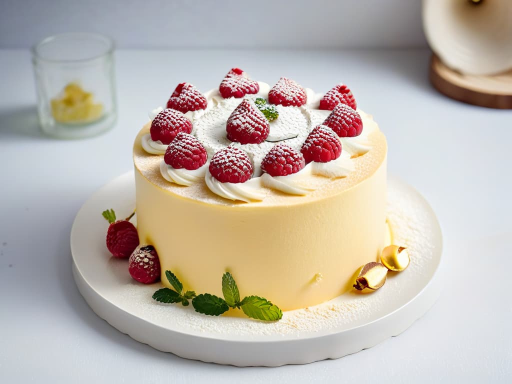  An ultradetailed image of a delicate, intricately designed coconut flour cake, topped with edible gold flakes and surrounded by fresh raspberries and mint leaves, all set on a sleek, modern white plate against a softfocus background of a highend professional kitchen. hyperrealistic, full body, detailed clothing, highly detailed, cinematic lighting, stunningly beautiful, intricate, sharp focus, f/1. 8, 85mm, (centered image composition), (professionally color graded), ((bright soft diffused light)), volumetric fog, trending on instagram, trending on tumblr, HDR 4K, 8K