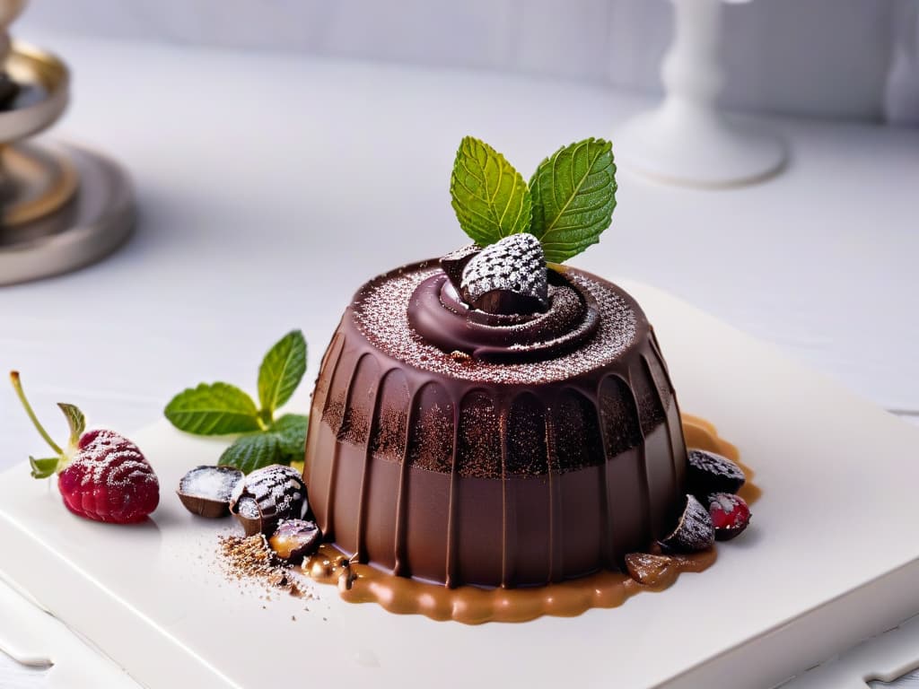  A closeup, photorealistic image of a luxurious dark chocolate truffle dusted with cocoa powder, with a shiny, glossy finish that reflects the soft lighting in the room. The truffle is delicately placed on a silver platter, surrounded by fresh mint leaves and raspberries, enhancing the overall sophisticated and indulgent feel. The intricate details of the cocoa dusting, the smooth texture of the chocolate ganache, and the vibrant colors of the garnishes are all perfectly captured, inviting the viewer to savor the richness and elegance of this exquisite dessert. hyperrealistic, full body, detailed clothing, highly detailed, cinematic lighting, stunningly beautiful, intricate, sharp focus, f/1. 8, 85mm, (centered image composition), (professionally color graded), ((bright soft diffused light)), volumetric fog, trending on instagram, trending on tumblr, HDR 4K, 8K