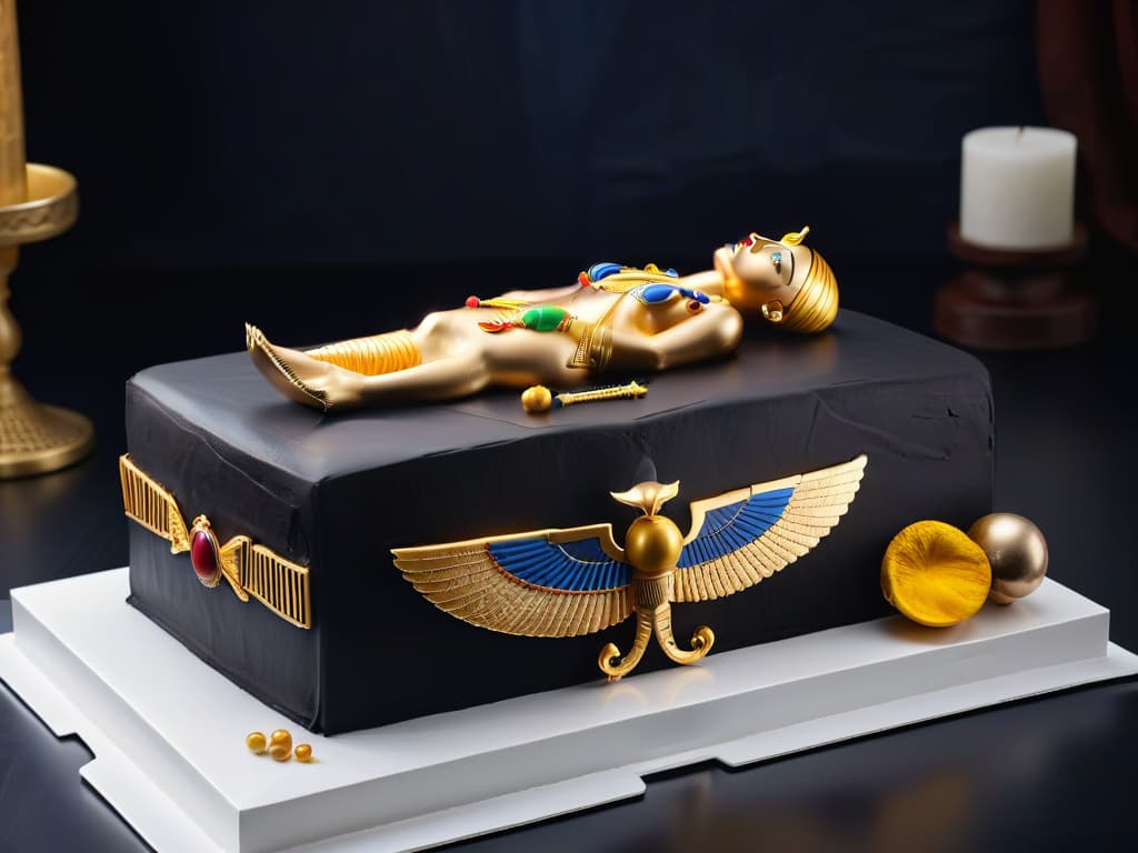  An elegantly crafted cake inspired by the iconic golden sarcophagus of King Tutankhamun, intricately decorated with edible hieroglyphics and symbolic Egyptian motifs. The cake is set against a sleek, black backdrop, enhancing its regal and artistic allure. hyperrealistic, full body, detailed clothing, highly detailed, cinematic lighting, stunningly beautiful, intricate, sharp focus, f/1. 8, 85mm, (centered image composition), (professionally color graded), ((bright soft diffused light)), volumetric fog, trending on instagram, trending on tumblr, HDR 4K, 8K