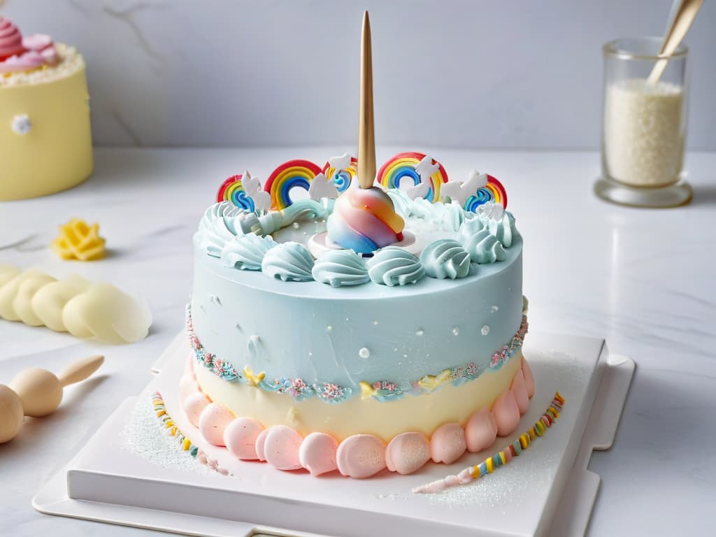  An ultradetailed illustration of a pastelcolored unicornthemed baking set, featuring a whimsical unicornshaped cake mold, rainbowcolored spatulas, and glittery sprinkle shakers, all arranged neatly on a pristine marble countertop. The unicorn motif is intricately detailed, with iridescent accents and delicate pastel hues, capturing a sense of magic and wonder in the world of baking with unicorns. hyperrealistic, full body, detailed clothing, highly detailed, cinematic lighting, stunningly beautiful, intricate, sharp focus, f/1. 8, 85mm, (centered image composition), (professionally color graded), ((bright soft diffused light)), volumetric fog, trending on instagram, trending on tumblr, HDR 4K, 8K