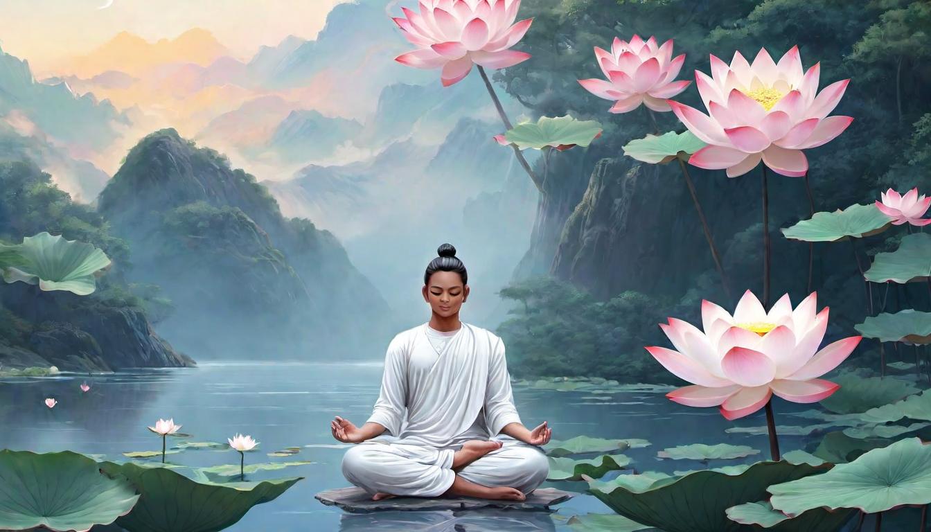  digital illustration, A figure seated in lotus position, surrounded by a soft, peaceful aura, embodying calm and preparation for the day, centered, tranquil readiness, meditative peace, looking at viewer, dynamic pose, (intricate details, masterpiece, best quality)