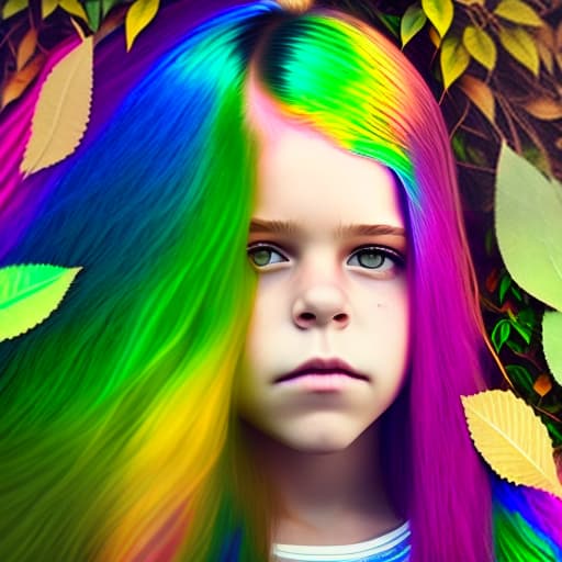 estilovintedois A girl has hair in rainbow color, colorful leaves