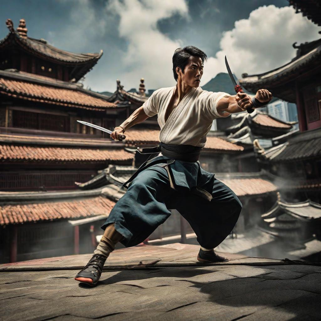  Masterpiece, best quality, a dynamic split image captures the action of a hero in a Hong Kong costume martial arts movie. The protagonist uses a knife in the air to split a complete Chinese roof in half. The image only has the protagonist and the roof cut in half. The style of the cue is a high quality photo that captures the precise moment of the hero's acrobatic feat. The lighting is dramatic, with sunlight shining through the cracks in the roof, illuminating the heroes, emphasizing the chaos caused by their rapid movement.