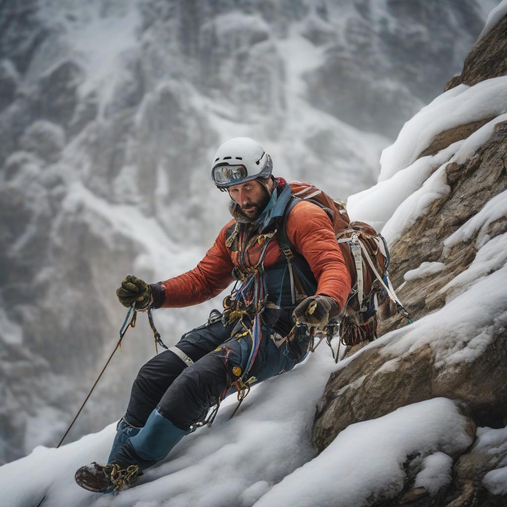  An ice climbing bear in alpinist gear climbs up a rope. hyperrealistic, full body, detailed clothing, highly detailed, cinematic lighting, stunningly beautiful, intricate, sharp focus, f/1. 8, 85mm, (centered image composition), (professionally color graded), ((bright soft diffused light)), volumetric fog, trending on instagram, trending on tumblr, HDR 4K, 8K