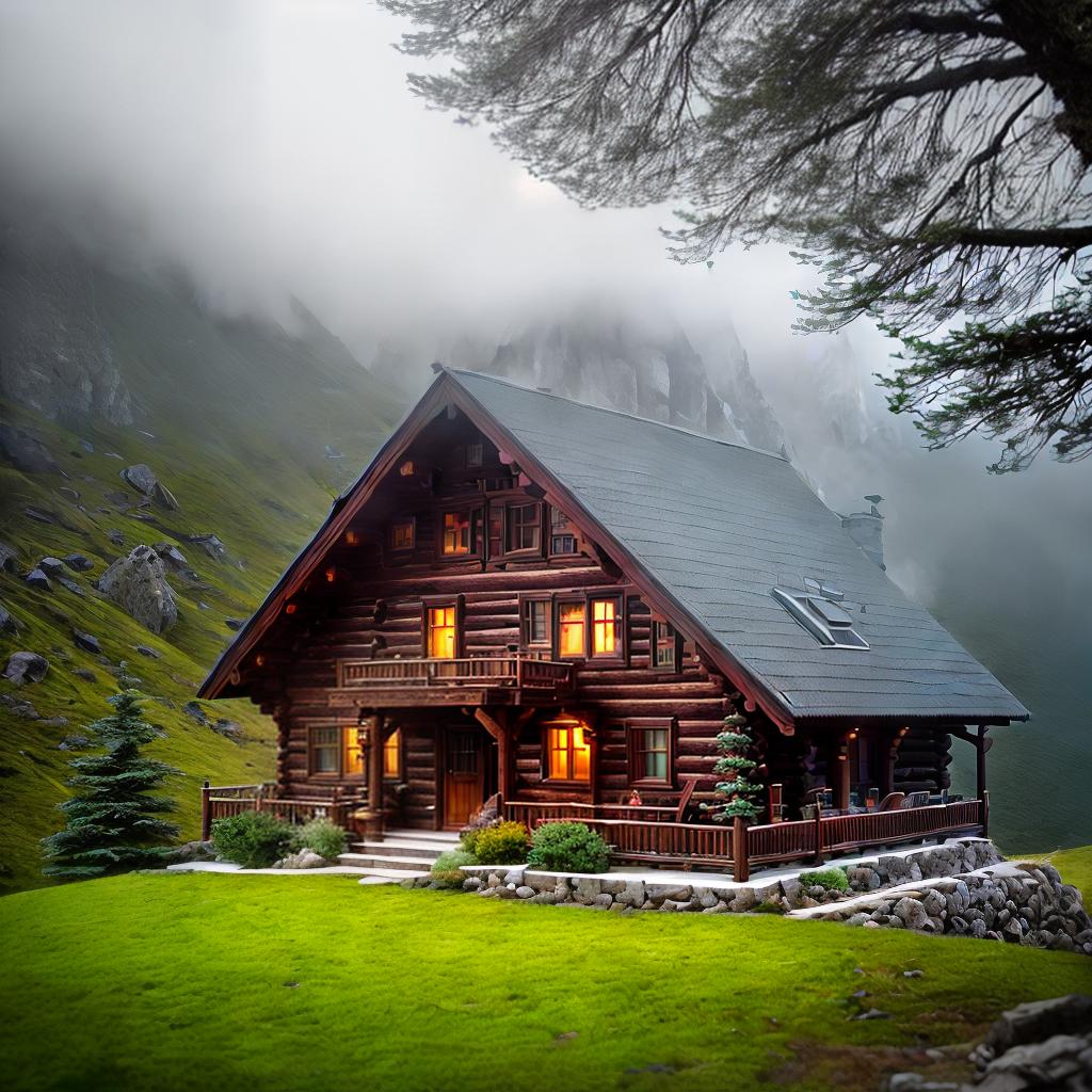  Mountain house ,highly detailed, cinematic lighting, stunningly beautiful, intricate, sharp focus, f1. 8, 85mm, (centered image composition), (professionally color graded), ((bright soft diffused light)), volumetric fog, trending on instagram, trending on tumblr, HDR 4K, 8K