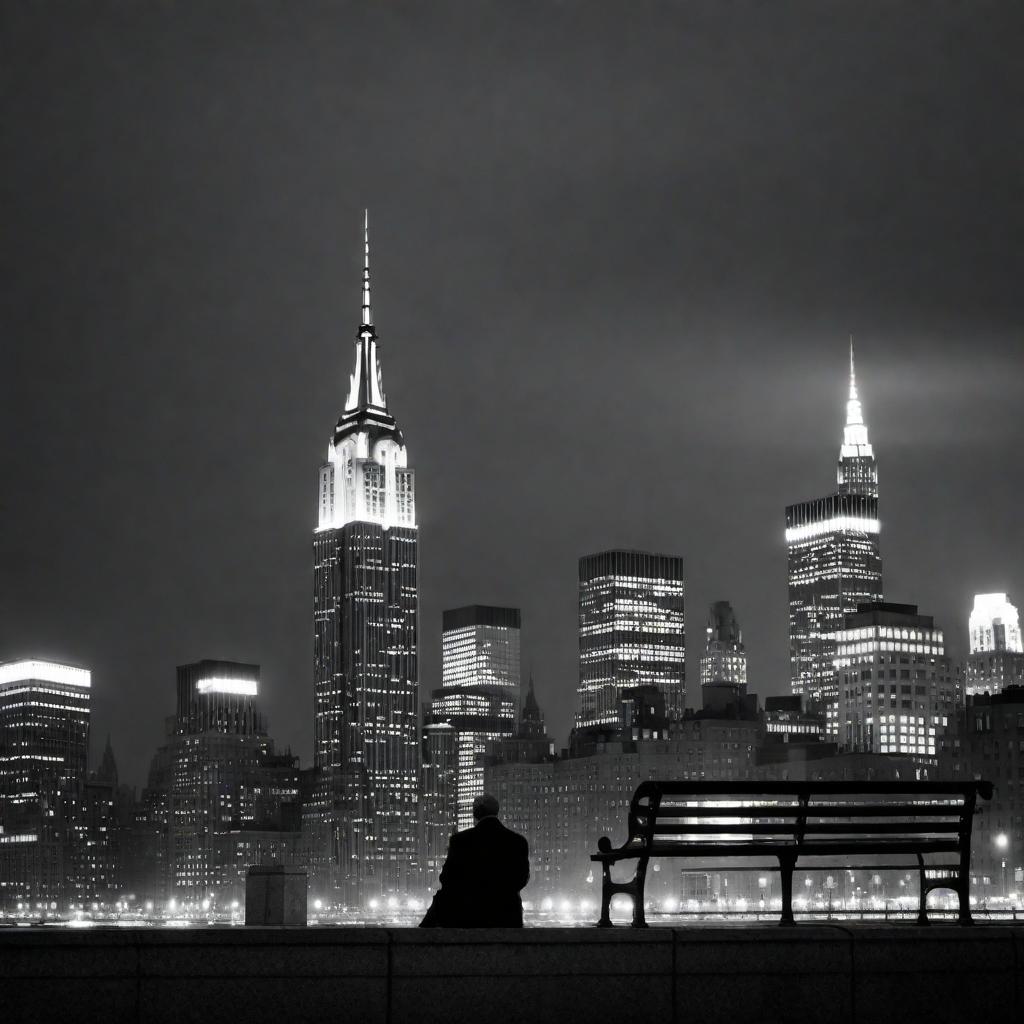  New York City skyline at night in black and white, capturing a melancholy and love loss mood. The image should highlight iconic structures like the Empire State Building and the Chrysler Building with a dark, brooding sky. There should be a sense of solitude, perhaps with an empty park bench, a desolate street, or a lone figure in the foreground to enhance the feeling of loneliness and lost love. hyperrealistic, full body, detailed clothing, highly detailed, cinematic lighting, stunningly beautiful, intricate, sharp focus, f/1. 8, 85mm, (centered image composition), (professionally color graded), ((bright soft diffused light)), volumetric fog, trending on instagram, trending on tumblr, HDR 4K, 8K