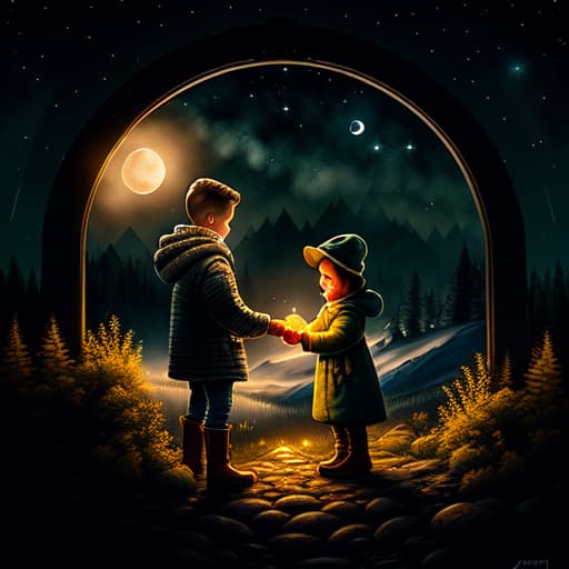  watercolor, storybook, child-book, Young boy being gifted a new silver charm, depicting a star, by the grateful elderly woman, against a backdrop of a night sky with yellow stars., best quality, very detailed, high resolution, sharp, sharp image hyperrealistic, full body, detailed clothing, highly detailed, cinematic lighting, stunningly beautiful, intricate, sharp focus, f/1. 8, 85mm, (centered image composition), (professionally color graded), ((bright soft diffused light)), volumetric fog, trending on instagram, trending on tumblr, HDR 4K, 8K