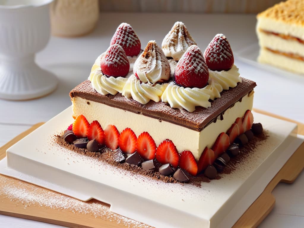  A photorealistic image of a decadent slice of strawberry tiramisu, showcasing layers of sponge cake soaked in espresso and layered with creamy mascarpone cheese and fresh sliced strawberries. The dessert is elegantly garnished with cocoa powder dusting, a dollop of whipped cream, and a perfectly placed whole strawberry on top. The background is softly blurred to highlight the intricate details and vibrant colors of the dessert, creating a visually appealing and appetizing image. hyperrealistic, full body, detailed clothing, highly detailed, cinematic lighting, stunningly beautiful, intricate, sharp focus, f/1. 8, 85mm, (centered image composition), (professionally color graded), ((bright soft diffused light)), volumetric fog, trending on instagram, trending on tumblr, HDR 4K, 8K