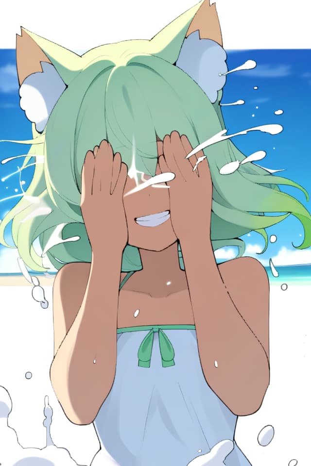  Masterpiece,one girl,cute,cat ears,delicate light green hair color,eyes closed,(>) eyes,(((Happy smiling)))💕💕,(shaking hair),(((splashes))),((( splashes on face))),shame,(hands in front),(((hands covering face))),splashes,midsummer,swimsuit🩱,tanned skin,horizon in background,ocean,high definition,8K