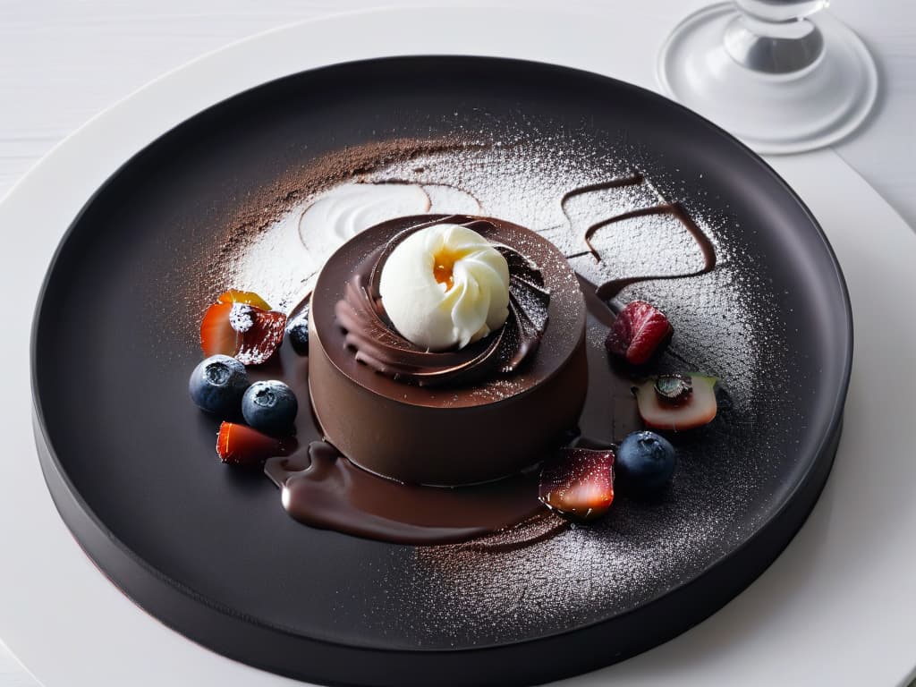  A closeup, highresolution image of a sleek, black matte plate with a single elegant, modern dessert centered on it. The dessert is a visually striking contrast of textures, featuring a smooth, glossy sphere of dark chocolate ganache resting atop a delicate, airy bed of vanilla bean foam. The rich, dark chocolate is perfectly tempered and reflects the soft lighting in a tantalizing manner, while the light, fluffy foam creates a stark juxtaposition against the glossy surface below it. The plate is set against a neutral, minimalist backdrop, emphasizing the clean lines and exquisite details of the dessert's presentation. hyperrealistic, full body, detailed clothing, highly detailed, cinematic lighting, stunningly beautiful, intricate, sharp focus, f/1. 8, 85mm, (centered image composition), (professionally color graded), ((bright soft diffused light)), volumetric fog, trending on instagram, trending on tumblr, HDR 4K, 8K