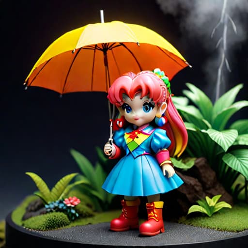  highly detailed clay model of Rainbow Brite holding an umbrella diorama hyperrealistic, full body, detailed clothing, highly detailed, cinematic lighting, stunningly beautiful, intricate, sharp focus, f/1. 8, 85mm, (centered image composition), (professionally color graded), ((bright soft diffused light)), volumetric fog, trending on instagram, trending on tumblr, HDR 4K, 8K