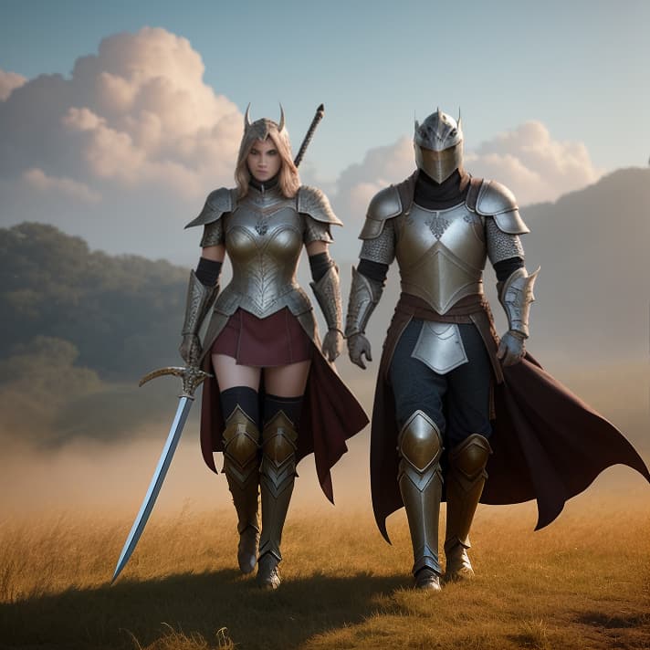  Two birds in a field, wearing an armor and fighting with a sword, HD, Cartoon Style hyperrealistic, full body, detailed clothing, highly detailed, cinematic lighting, stunningly beautiful, intricate, sharp focus, f/1. 8, 85mm, (centered image composition), (professionally color graded), ((bright soft diffused light)), volumetric fog, trending on instagram, trending on tumblr, HDR 4K, 8K