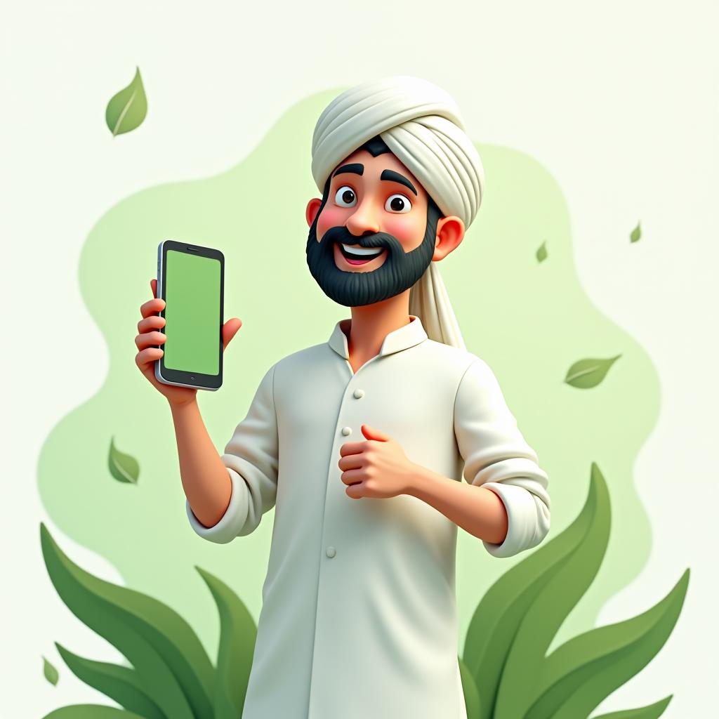  good quality, high quality, a 3d illustration of a happy indian farmer smiling and holding a smartphone in one hand, dressed in traditional white attire with a turban. the background features soft green tones with abstract shapes and elements, creating a modern, smooth, and professional look. the design is minimal, with rounded edges, soft transitions, and a clean white background. the overall style should be polished and suitable for website ui, with the green theme subtly integrated into the background shapes