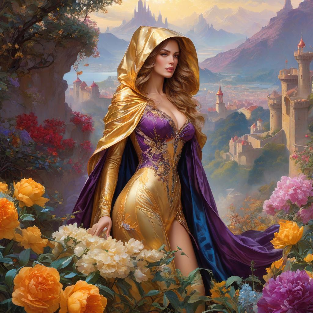  A defended fortress, a palisade, a gloomy castle, iron, black stone. Standing against a background of mountains. Easter eggs. Blue. ((Sparkling rim)): spring field, hyacinths, roses, rosehips, rose hips, peonies, cherry tree, yellow, red. Surrealist abstractionism. Honoré Fargonard, Alfonso Mucha. A masterpiece. A very beautiful girl. High elaboration, high detail. Golden brown hair. Girl on heels. Brown eyes. Golden hooded cloak. Behind nature, city. Bright colors. Sunlight. Surrealist abstractionism. Alfonso Mucha, Honoré Fargonard. Purple silk linen. Topaz, diamonds, quartzite, amber, topaz, emerald. Purple silk linen. Topaz, diamonds, quartzite, amber, topaz, emerald. hyperrealistic, full body, detailed clothing, highly detailed, cinematic lighting, stunningly beautiful, intricate, sharp focus, f/1. 8, 85mm, (centered image composition), (professionally color graded), ((bright soft diffused light)), volumetric fog, trending on instagram, trending on tumblr, HDR 4K, 8K