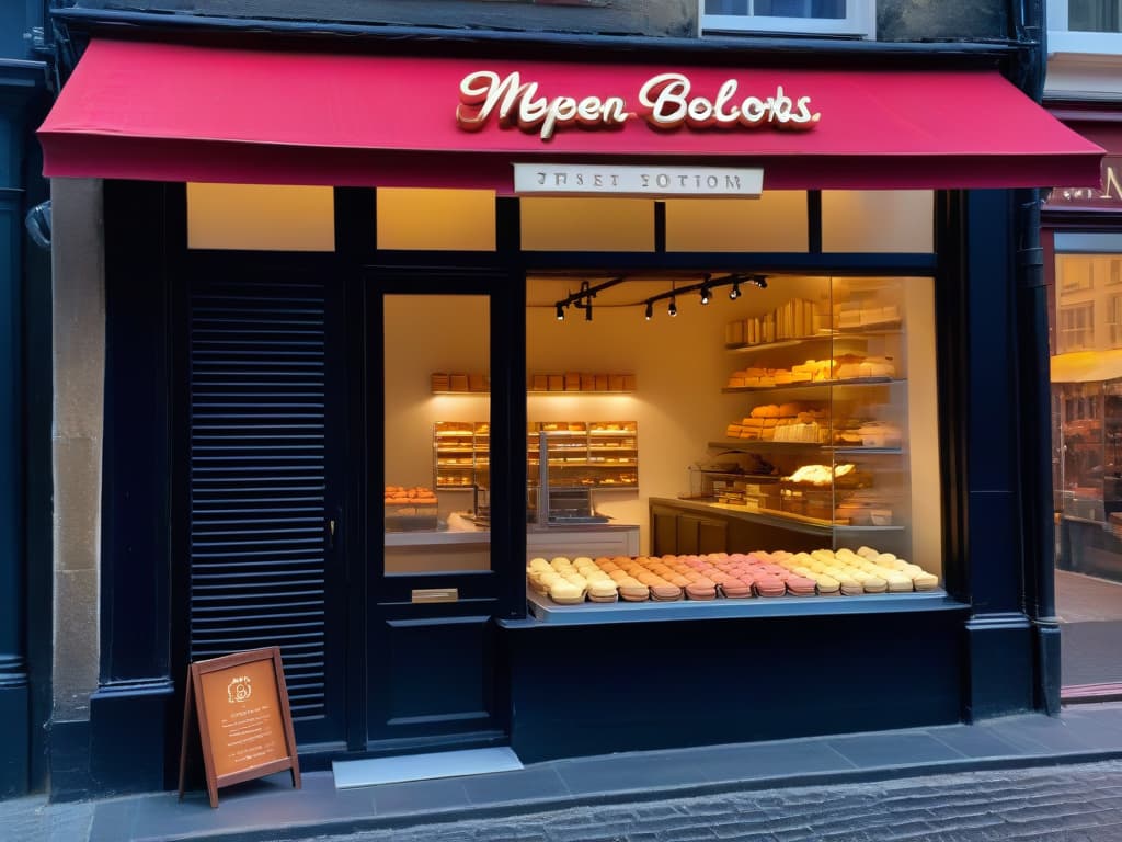  A photorealistic image of a sleek, modern bakery storefront at dusk, with warm light spilling out onto the cobblestone street. The display window is filled with an array of decadent desserts like macarons, cakes, and pastries, each meticulously decorated with intricate designs and vibrant colors. A stylish chalkboard sign outside showcases the menu of desserts available, beautifully handwritten in elegant script. The scene exudes a sense of professionalism and sophistication, inviting viewers to step inside and experience the world of artisanal pastries. hyperrealistic, full body, detailed clothing, highly detailed, cinematic lighting, stunningly beautiful, intricate, sharp focus, f/1. 8, 85mm, (centered image composition), (professionally color graded), ((bright soft diffused light)), volumetric fog, trending on instagram, trending on tumblr, HDR 4K, 8K