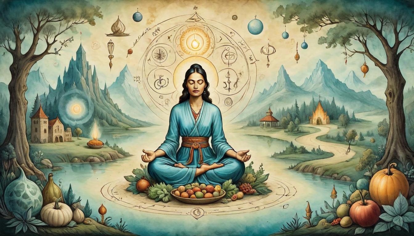  on parchment, surrealism+++, Woman in meditative stance, surrounded by nature, symbols of food and activity, glowing aura, serene expression, balanced composition, harmonious(mysterious, provocative, symbolic,muted color)+++