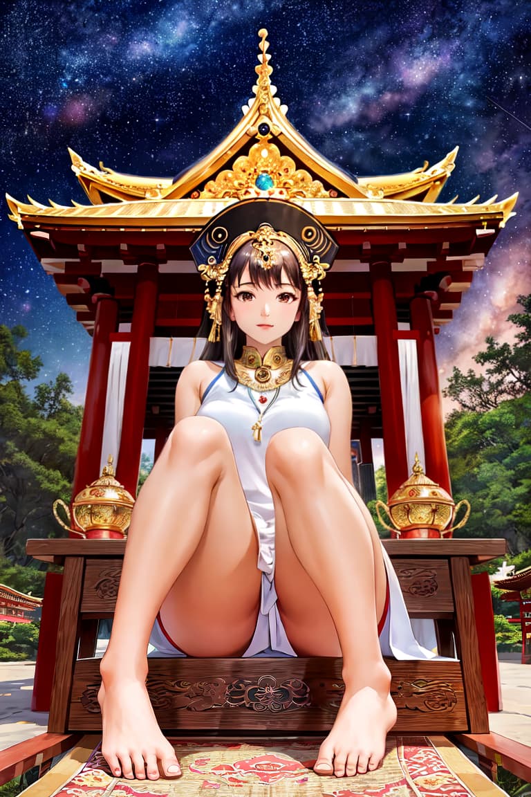  master piece , best quality,, beautiful , shrine or temple, starry sky, legs, bed