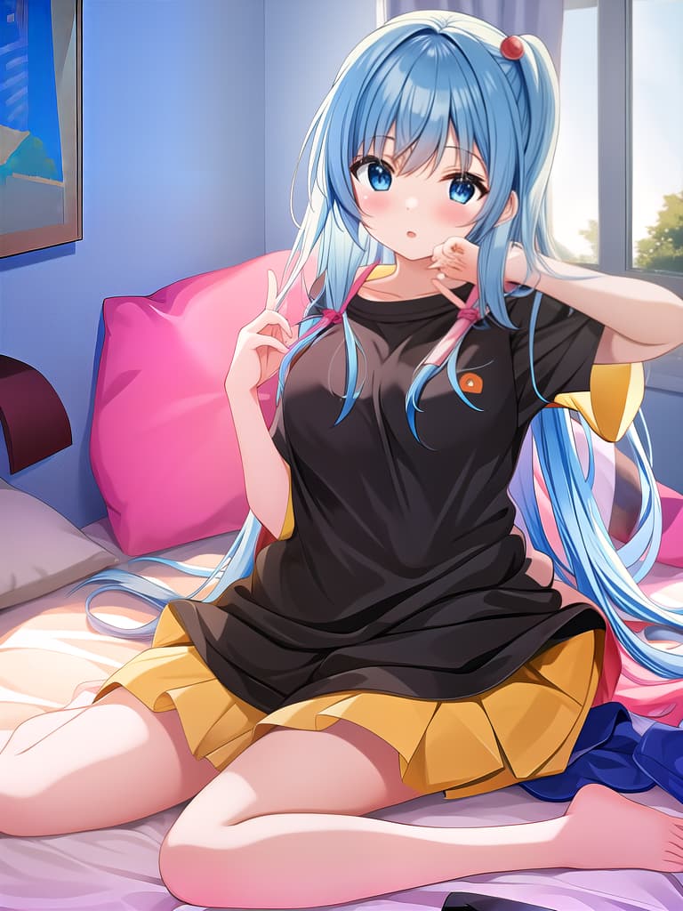   anime big sitting on bed with gles on no no clothes sitting on bed with hands holding big up with s