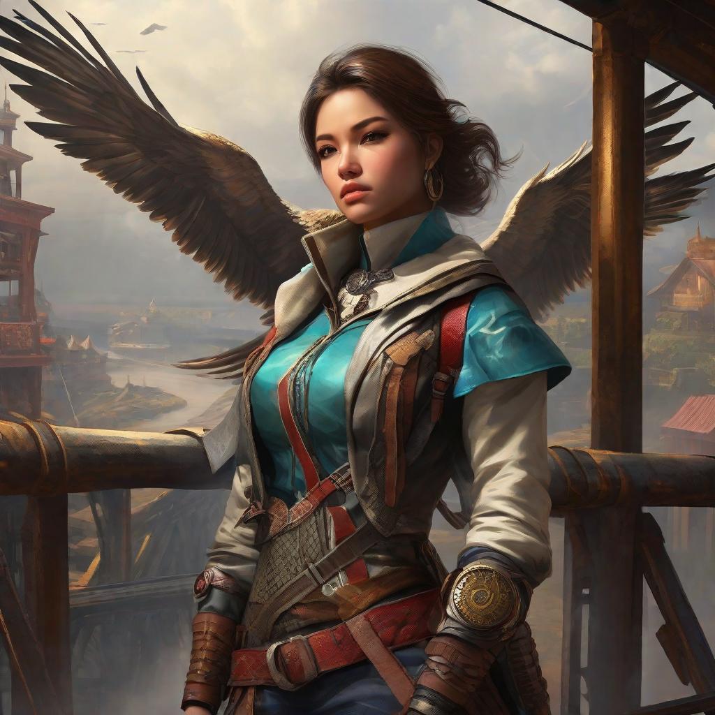  masterpiece, best quality,Thick painting, big perspective action, beautiful girl standing on the bridgehead, she wears snake eagle element clothes, high boots, wearing an electronic watch on her wrist. The atmosphere is mysterious, the angle of view looks up, highlighting the heroic character. Refer to the characters, scenes and styles in the game Blood Curse.