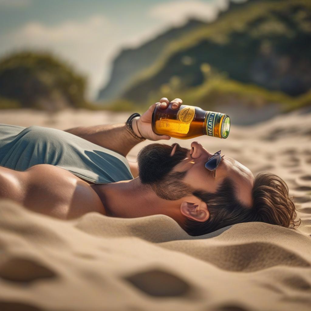  cinematic film still A man is happy lying on the beach, drinking beer from a glass on a hot day, in the style of a painting. . shallow depth of field, vignette, highly detailed, high budget, bokeh, cinemascope, moody, epic, gorgeous, film grain, grainy hyperrealistic, full body, detailed clothing, highly detailed, cinematic lighting, stunningly beautiful, intricate, sharp focus, f/1. 8, 85mm, (centered image composition), (professionally color graded), ((bright soft diffused light)), volumetric fog, trending on instagram, trending on tumblr, HDR 4K, 8K