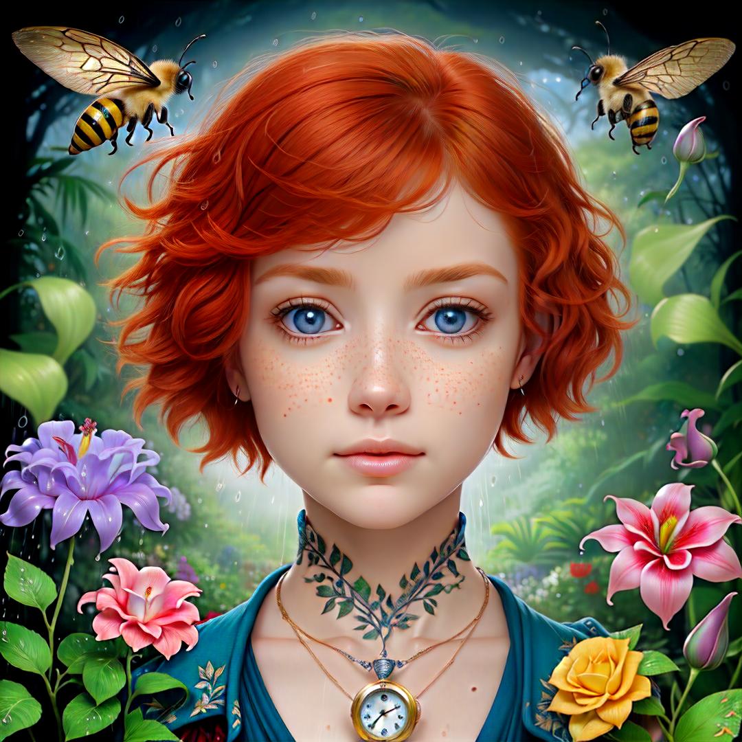 Woman 45 redhead short hair with blue eyes and freckles. Highly-detailed, in botanical gardens, coquettish. style of esao andrews, pendant. Exotic flowers and plants, lilies, roses, lilac, forest, pocket-watch, sundial, raining, beautiful, perfect eyes, bees, Highly defined, highly detailed, sharp focus, (centered image composition), 4K, 8K