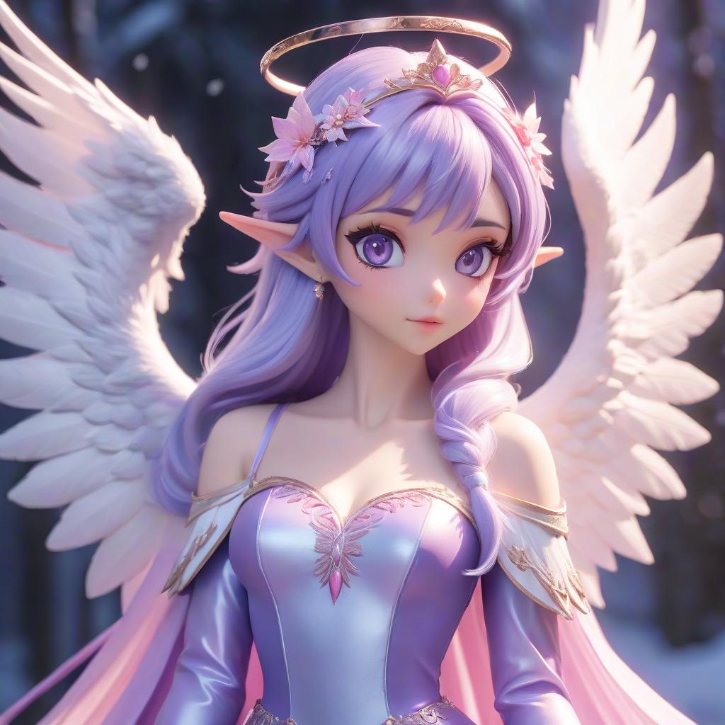  An astral elf with a hair color gradient from white to purple that ends in pink. She has 6 large angel wings. She is wearing a translucent pastel purple dress with a pink gradient. Above her head is a halo in the form of a snow white crown. The eyes are blue purple. hyperrealistic, full body, detailed clothing, highly detailed, cinematic lighting, stunningly beautiful, intricate, sharp focus, f/1. 8, 85mm, (centered image composition), (professionally color graded), ((bright soft diffused light)), volumetric fog, trending on instagram, trending on tumblr, HDR 4K, 8K