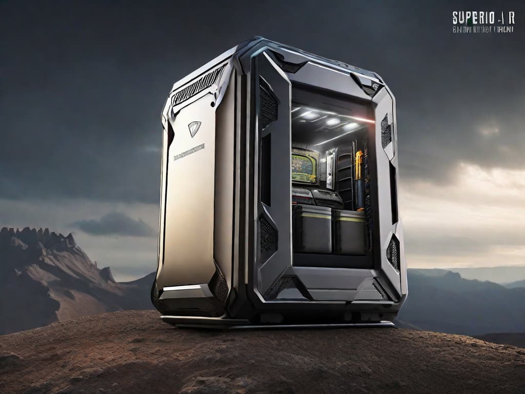  A sleek, futuristic portable AI supercomputer sitting on a rugged terrain, surrounded by tactical gear and equipment. Its dynamic LED lights and advanced interface display signify cutting-edge technology for revolutionary field missions. digital art, ilustration, no flares, clean hyperrealistic, full body, detailed clothing, highly detailed, cinematic lighting, stunningly beautiful, intricate, sharp focus, f/1. 8, 85mm, (centered image composition), (professionally color graded), ((bright soft diffused light)), volumetric fog, trending on instagram, trending on tumblr, HDR 4K, 8K