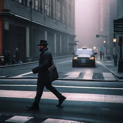  person crossing a street hyperrealistic, full body, detailed clothing, highly detailed, cinematic lighting, stunningly beautiful, intricate, sharp focus, f/1. 8, 85mm, (centered image composition), (professionally color graded), ((bright soft diffused light)), volumetric fog, trending on instagram, trending on tumblr, HDR 4K, 8K