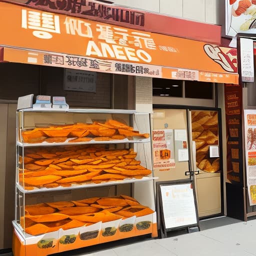  A poster of a sweet potato baking shop, containing the main products, such as: sweet potato chips, dried sweet potatoes, sweet potato wheat full score, etc., mainly orange or yellow color, shop name "sweet potato full," requirements Chinese ，