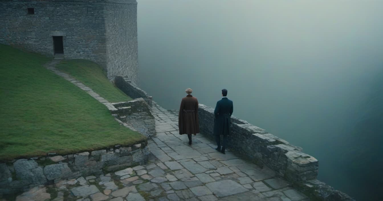  A view from above. A stone wall stands between a man and a woman. hyperrealistic, full body, detailed clothing, highly detailed, cinematic lighting, stunningly beautiful, intricate, sharp focus, f/1. 8, 85mm, (centered image composition), (professionally color graded), ((bright soft diffused light)), volumetric fog, trending on instagram, trending on tumblr, HDR 4K, 8K