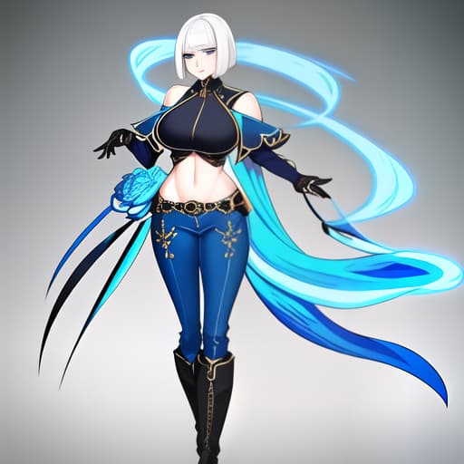  beautiful woman with white hair with a bob cut, she has blue eyes and a black t shirt short to her midriff and a blue jacket against her bust and blue pants with black boots hyperrealistic, full body, detailed clothing, highly detailed, cinematic lighting, stunningly beautiful, intricate, sharp focus, f/1. 8, 85mm, (centered image composition), (professionally color graded), ((bright soft diffused light)), volumetric fog, trending on instagram, trending on tumblr, HDR 4K, 8K