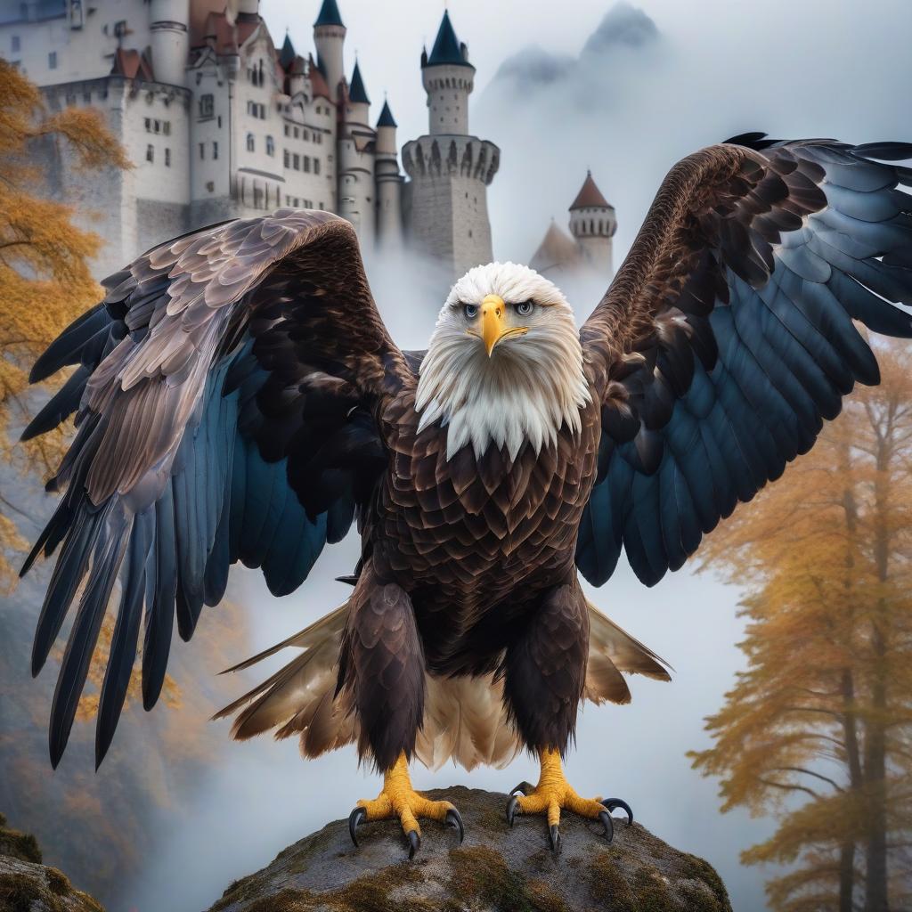  Fairy tale blue eyed eagle. Neuschwanstein. hyperrealistic, full body, detailed clothing, highly detailed, cinematic lighting, stunningly beautiful, intricate, sharp focus, f/1. 8, 85mm, (centered image composition), (professionally color graded), ((bright soft diffused light)), volumetric fog, trending on instagram, trending on tumblr, HDR 4K, 8K