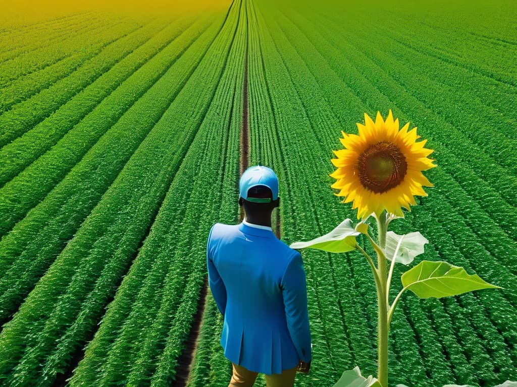  A serene, minimalist image of a lush green field under a clear blue sky, with a single vibrant sunflower standing tall in the center, symbolizing natural beauty and sustainability. hyperrealistic, full body, detailed clothing, highly detailed, cinematic lighting, stunningly beautiful, intricate, sharp focus, f/1. 8, 85mm, (centered image composition), (professionally color graded), ((bright soft diffused light)), volumetric fog, trending on instagram, trending on tumblr, HDR 4K, 8K