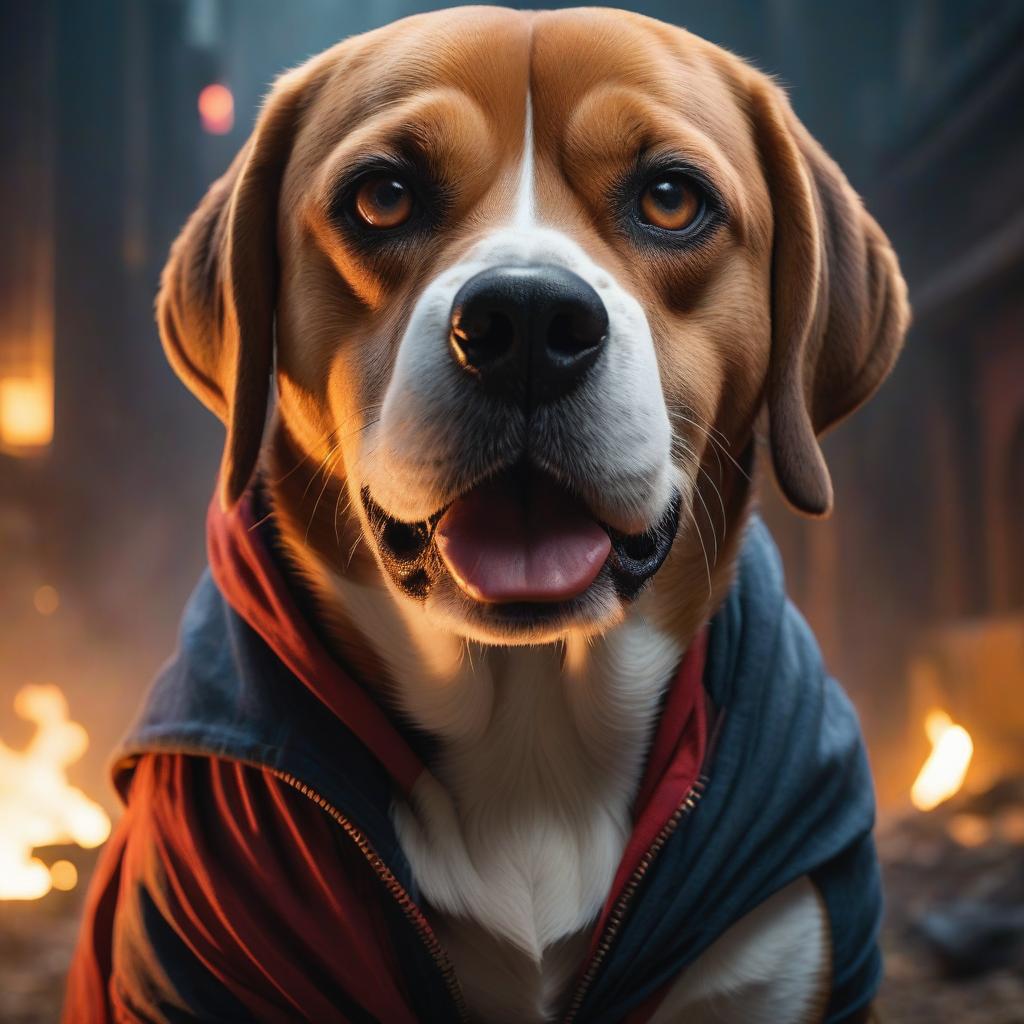  Cosplay Photograph, Primitivism, hyper detailed, Beagle, Angry, in focus, by dan mumford and marc simonetti, still, Nikon d3300, Selective focus, Primary Colors, ultra high res, Concept Art World, dynamic dramatic atmosphere, atmosphere, unique, deep rich colors, contemporary fine detail, great light hyperrealistic, full body, detailed clothing, highly detailed, cinematic lighting, stunningly beautiful, intricate, sharp focus, f/1. 8, 85mm, (centered image composition), (professionally color graded), ((bright soft diffused light)), volumetric fog, trending on instagram, trending on tumblr, HDR 4K, 8K