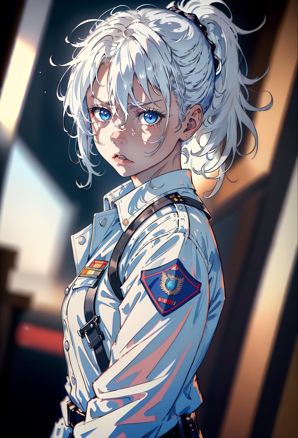  ((trending, highres, masterpiece, cinematic shot)), 1girl, young, female police uniform, Grand Canyon scene, medium-length messy white hair, short ponytail,  blue eyes, personality, angry expression, very pale skin, orderly, toned