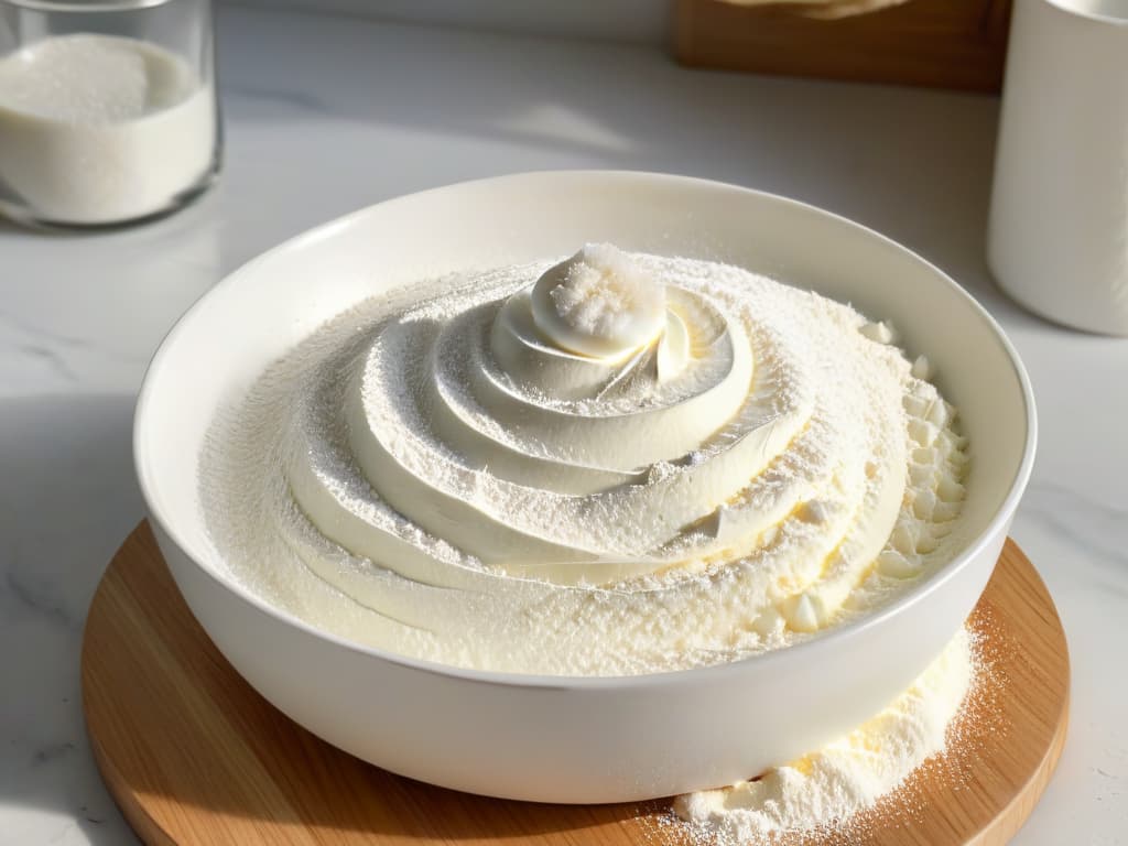  A closeup, ultradetailed image of a pristine white bowl filled with fluffy, perfectly sifted flour. The light softly illuminates the fine particles, highlighting their texture and purity. The bowl sits on a sleek, modern kitchen counter, with a hint of a stainless steel sifter in the background. The simplicity of the composition exudes elegance and precision, emphasizing the importance of using highquality, aluminumfree baking ingredients like baking powder. hyperrealistic, full body, detailed clothing, highly detailed, cinematic lighting, stunningly beautiful, intricate, sharp focus, f/1. 8, 85mm, (centered image composition), (professionally color graded), ((bright soft diffused light)), volumetric fog, trending on instagram, trending on tumblr, HDR 4K, 8K