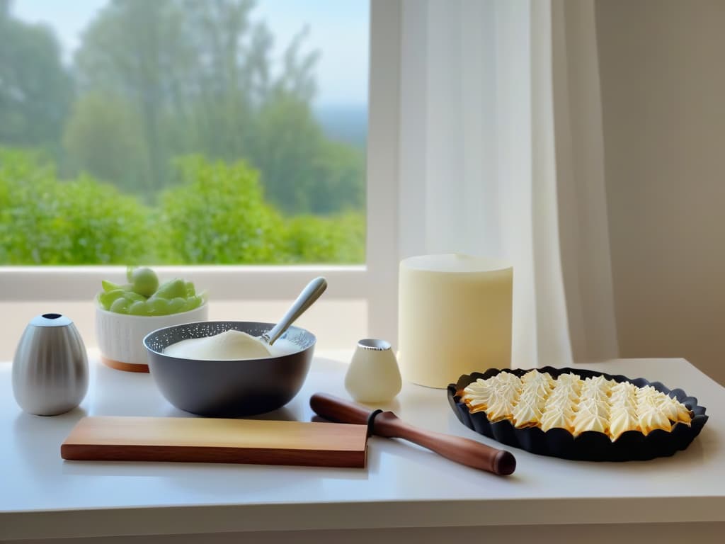  An ultradetailed image of a pristine white kitchen countertop, featuring an array of meticulously arranged baking tools including a rolling pin, measuring cups, piping bags, and a whisk. In the background, soft natural light streams in through a window, casting a gentle glow on a stack of beautifully decorated pastries with intricate designs. hyperrealistic, full body, detailed clothing, highly detailed, cinematic lighting, stunningly beautiful, intricate, sharp focus, f/1. 8, 85mm, (centered image composition), (professionally color graded), ((bright soft diffused light)), volumetric fog, trending on instagram, trending on tumblr, HDR 4K, 8K