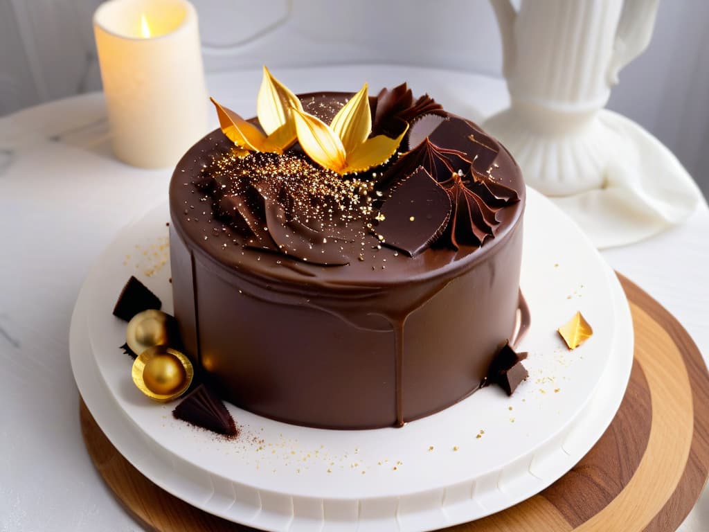  A closeup, ultradetailed image of a hand sprinkling cocoa powder over a perfectly smooth and glossy vegan chocolate ganache cake. The cake is elegantly decorated with delicate chocolate shards and edible gold flakes, placed on a sleek, minimalist white platter. The lighting captures the richness and depth of the chocolate, highlighting the intricate details of the dessert. hyperrealistic, full body, detailed clothing, highly detailed, cinematic lighting, stunningly beautiful, intricate, sharp focus, f/1. 8, 85mm, (centered image composition), (professionally color graded), ((bright soft diffused light)), volumetric fog, trending on instagram, trending on tumblr, HDR 4K, 8K