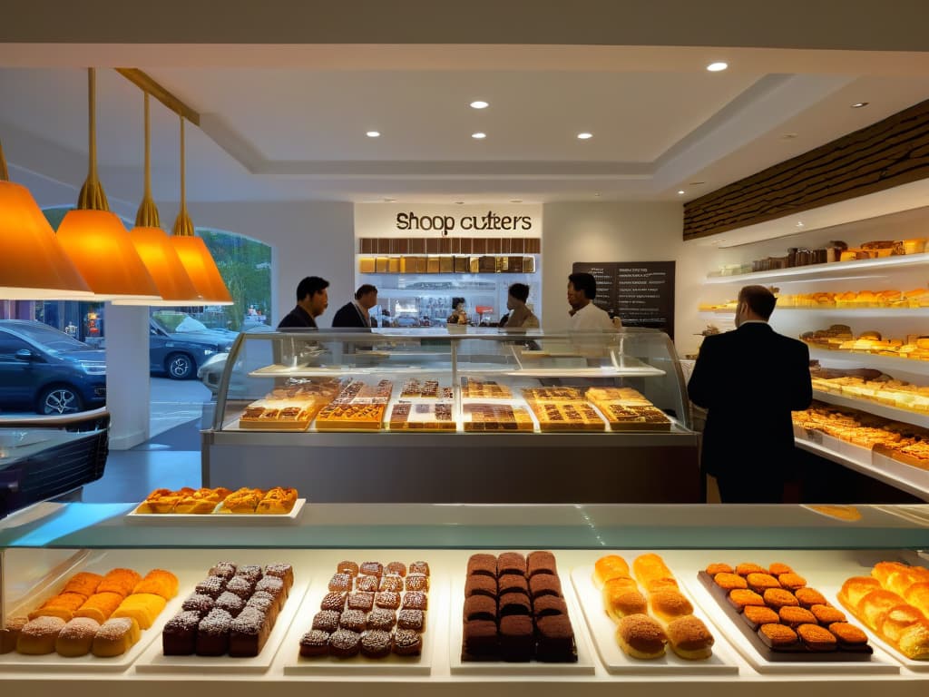  An ultradetailed photorealistic image of a bustling pastry shop filled with happy customers enjoying delicious pastries and interacting with friendly staff. The shop is elegantly decorated with warm lighting, colorful displays of treats, and branded merchandise subtly integrated throughout the space. Customers of diverse backgrounds are engaged in conversations, laughter, and savoring the delectable pastries, creating a vibrant and inviting atmosphere that epitomizes a memorable brand experience. hyperrealistic, full body, detailed clothing, highly detailed, cinematic lighting, stunningly beautiful, intricate, sharp focus, f/1. 8, 85mm, (centered image composition), (professionally color graded), ((bright soft diffused light)), volumetric fog, trending on instagram, trending on tumblr, HDR 4K, 8K