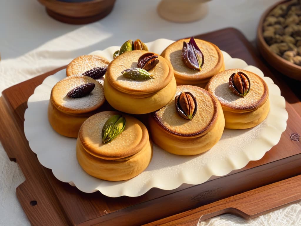  A closeup, highresolution image of freshly baked Maamoul cookies arranged artistically on a rustic wooden platter, showcasing their intricate designs and goldenbrown color. The cookies are filled with a variety of traditional fillings like dates, pistachios, and walnuts, highlighting the craftsmanship and rich cultural heritage behind these beloved treats. The soft natural lighting enhances the textures and colors, evoking a sense of warmth and nostalgia. hyperrealistic, full body, detailed clothing, highly detailed, cinematic lighting, stunningly beautiful, intricate, sharp focus, f/1. 8, 85mm, (centered image composition), (professionally color graded), ((bright soft diffused light)), volumetric fog, trending on instagram, trending on tumblr, HDR 4K, 8K