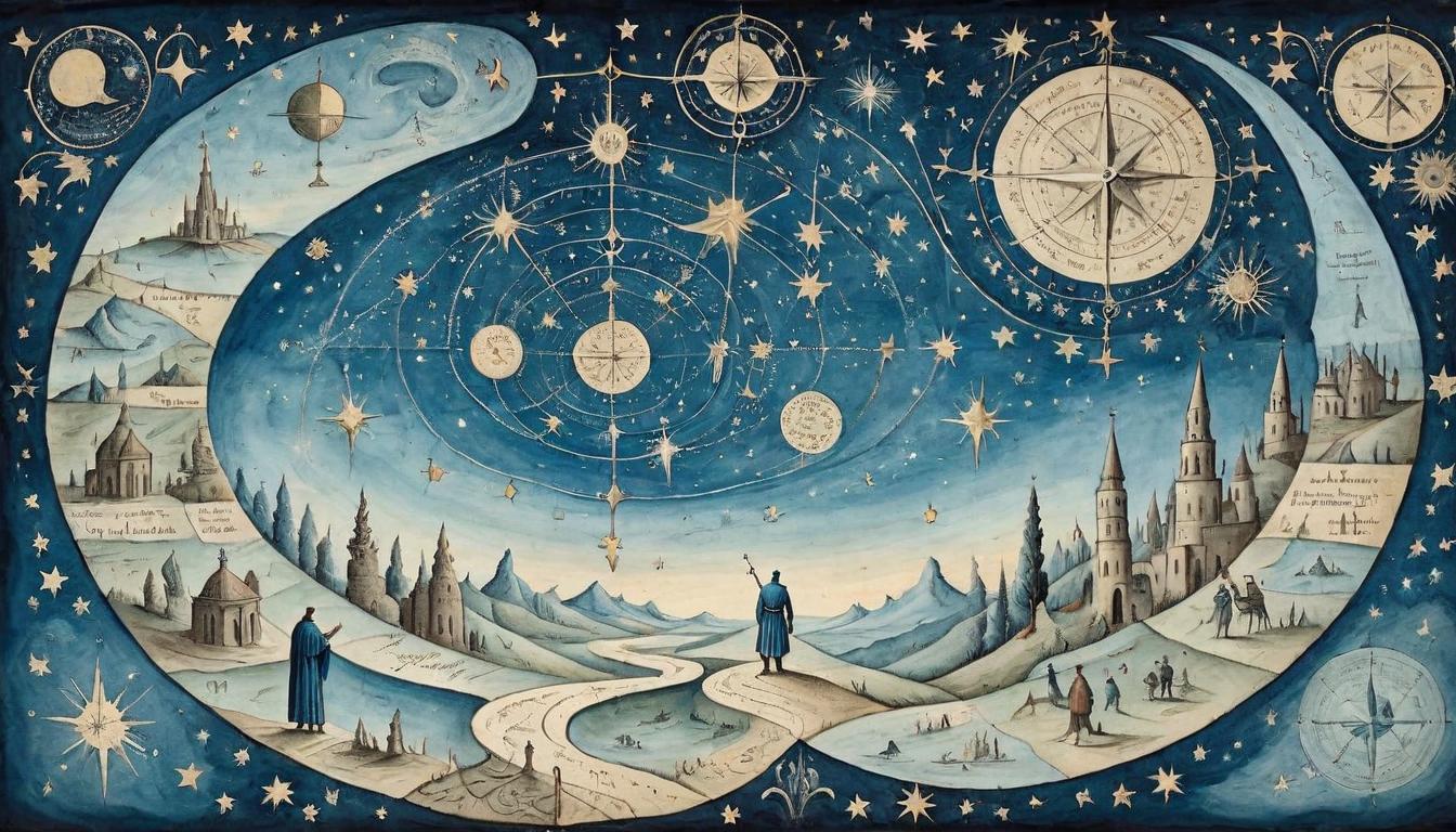  on parchment, surrealism+++, A figure standing at a crossroads under a celestial map, stars aligning in patterns, purpose, guidance(mysterious, provocative, symbolic,muted color)+++