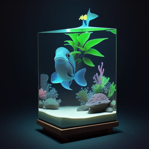  3D render of a cute tropical fish in an aquarium on a dark blue background, digital art