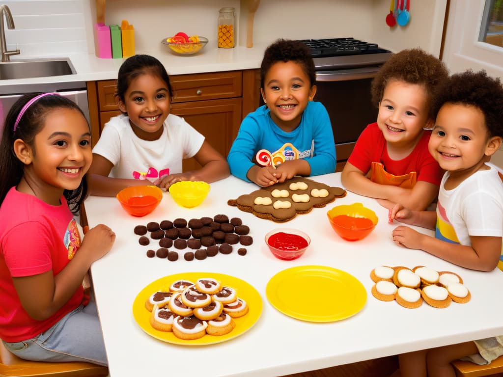  A closeup, photorealistic image of a group of children of diverse backgrounds and ages sitting around a kitchen table, joyfully decorating an array of freshly baked cookies. The children are smiling and engaged, each one focused on their unique cookie design, surrounded by colorful icing tubes, sprinkles, and edible decorations. The table is covered with a variety of beautifully decorated cookies in different shapes and sizes, showcasing the creativity and fun of the activity. The warm, natural light streaming in through a nearby window adds a cozy and inviting atmosphere to the scene, capturing the essence of a delightful and memorable baking experience. hyperrealistic, full body, detailed clothing, highly detailed, cinematic lighting, stunningly beautiful, intricate, sharp focus, f/1. 8, 85mm, (centered image composition), (professionally color graded), ((bright soft diffused light)), volumetric fog, trending on instagram, trending on tumblr, HDR 4K, 8K