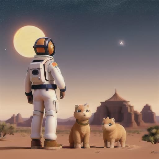  masterpiece, best quality, An astronaut, donning a sleek white spacesuit, sits atop a dignified Bactrian camel whose warm sandy coat features a striking white stripe along its back. The astronaut's helmet is slightly askew, offering a glimpse of their solemn expression. The camel's large brown eyes seem unaware of the surreal scene unfolding before it, as its ears lazily flail in the breeze. The astronaut's gloved hand gently grips the gleaming silver saddle. Palm trees stand like sentinels against the arid desert landscape, their fronds rustling softly in the wind. As the setting sun casts a golden glow, the duo's unlikely pairing is illuminated against the starry expanse that stretches out to the horizon.