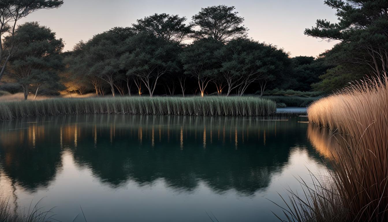  cinematic, neuro enlightenment, aesthetic, Wind blowing through flexible reeds by a water edge, adaptability, resilience, natural grace, 4k, HDR, sleek, modern design, vibrant, interactive visuals, contemporary aesthetics, highly engaging, mind expanding