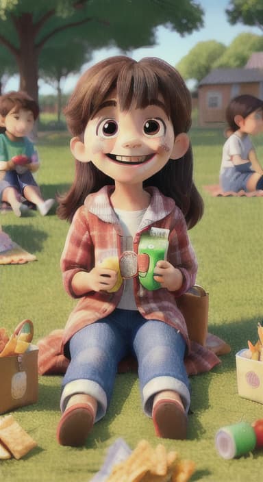  {Kids sitting around a picnic blanket, enjoying juice boxes and snacks., Children happily eating snacks, with crumbs on their faces and big smiles.