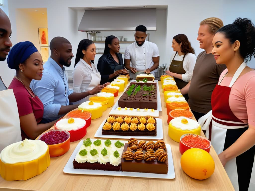  A photorealistic image of a diverse group of people, including men and women of different ages and ethnicities, gathered around a long wooden table in a brightly lit, modern kitchen. On the table, there are various vegan pastries and desserts beautifully arranged on elegant platters and stands. The participants are engaged in a handson vegan baking workshop, with some decorating cupcakes, others piping frosting onto cakes, and a few attentively watching the instructor demonstrate a new technique. The atmosphere is vibrant and inviting, with colorful ingredients and kitchen tools neatly organized around the space. hyperrealistic, full body, detailed clothing, highly detailed, cinematic lighting, stunningly beautiful, intricate, sharp focus, f/1. 8, 85mm, (centered image composition), (professionally color graded), ((bright soft diffused light)), volumetric fog, trending on instagram, trending on tumblr, HDR 4K, 8K