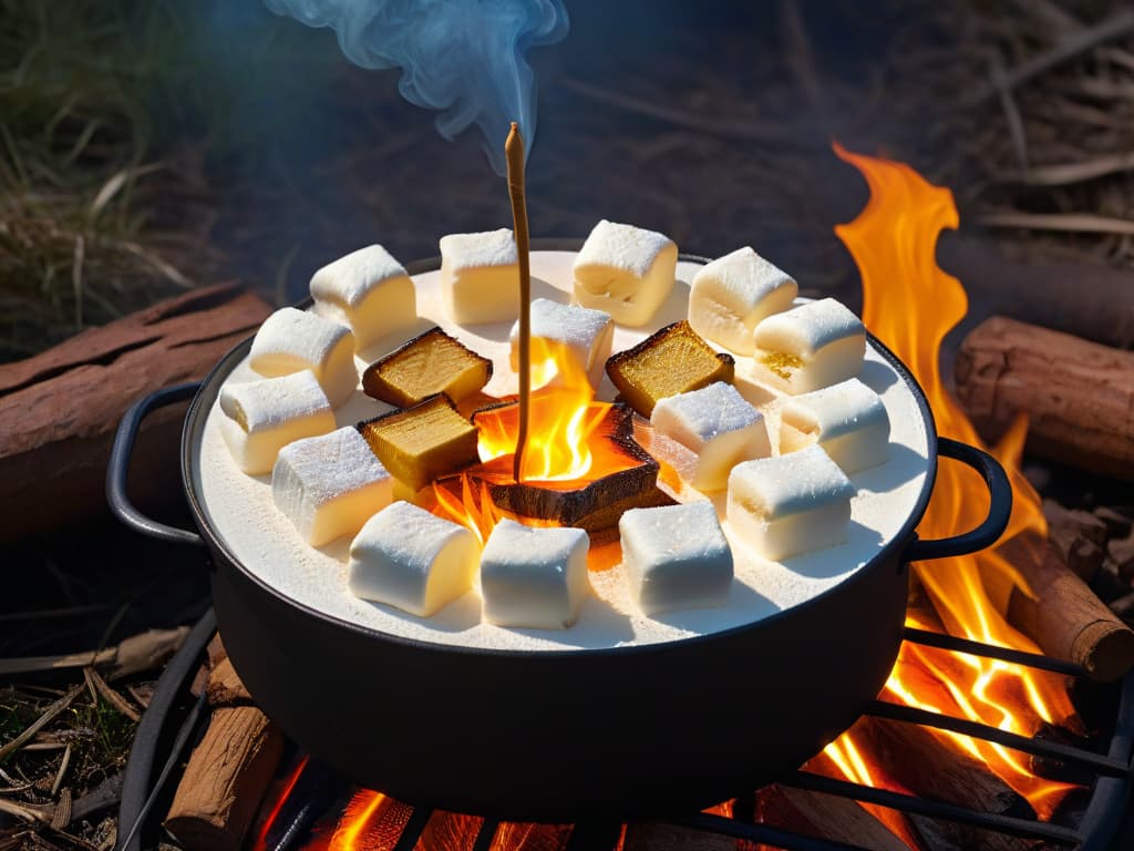  A highresolution closeup image of a perfectly golden marshmallow being gently toasted over a crackling campfire, with the soft glow illuminating the marshmallow's gooey center and creating a mesmerizing contrast against the dark night background. The subtle wisps of smoke swirling around the marshmallow add a touch of rustic charm, while the wooden skewer holding the marshmallow in place hints at the cozy campfire setting, evoking feelings of warmth and nostalgia. hyperrealistic, full body, detailed clothing, highly detailed, cinematic lighting, stunningly beautiful, intricate, sharp focus, f/1. 8, 85mm, (centered image composition), (professionally color graded), ((bright soft diffused light)), volumetric fog, trending on instagram, trending on tumblr, HDR 4K, 8K