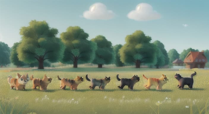  {The doggies and the rescued kitten walking back through the meadow., The doggies were heroes, tails wagging proudly as they made their way home.